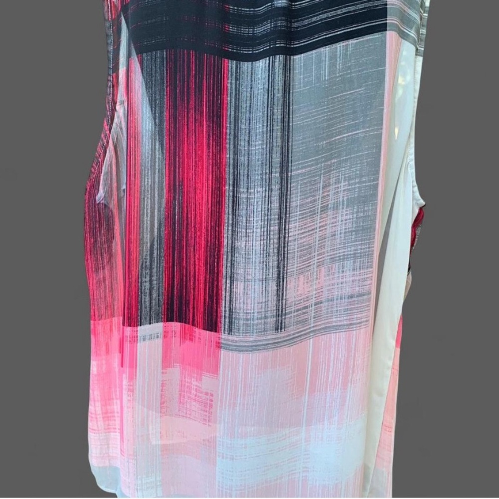 Modern Abstract Asymmetric Streetwear Pink and Black Sleeveless Faux Wrap Top - Picture 6 of 8